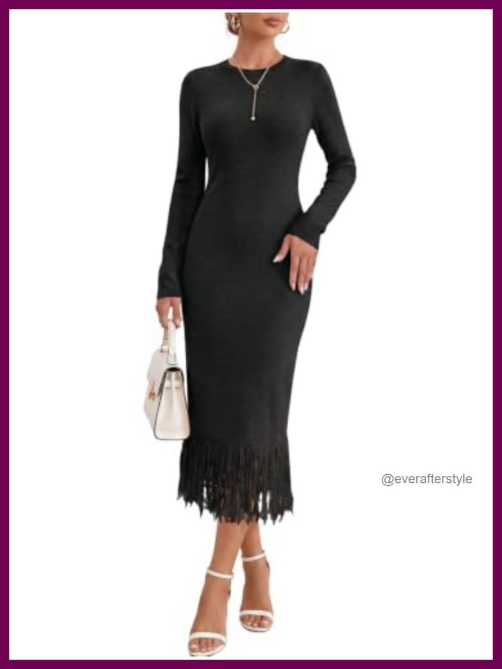 Womens Sweater Dress Tassel Hem Tie Neck Midi Party Elegant